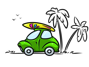 Araba plaj sörf seyahat çizgi film