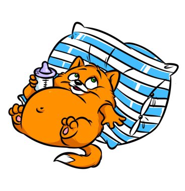 Beyaz kedi şişko overeaten şişe süt neşeli çizgi film