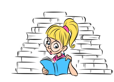 Girl student wonder reading a book cartoon clipart