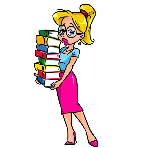 Estudiante chica leyendo mucho libro de dibujos animados — Foto de Stock