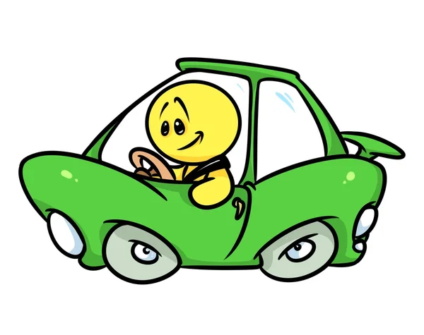 Gülen karakter yeşil araba sürücüsü çizgi film — Stok fotoğraf