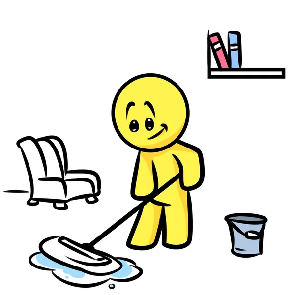 清掃モップ床漫画スマイリー文字 — ストック写真