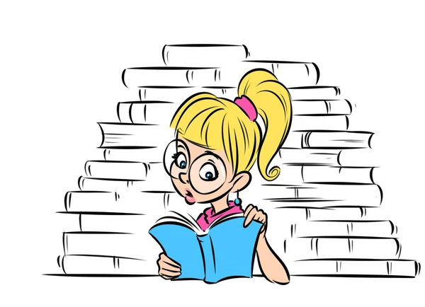 Girl student wonder reading a book cartoon — Stock Photo, Image