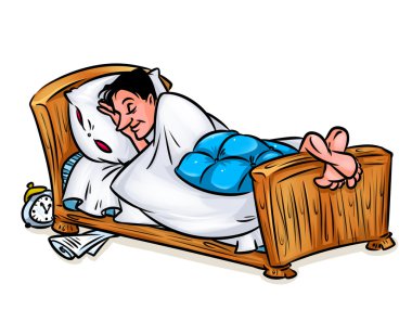 Adam uyurken yatak illüstrasyon karikatür 