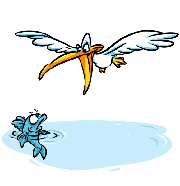 Pelican pesca miedo peces dibujos animados — Foto de Stock