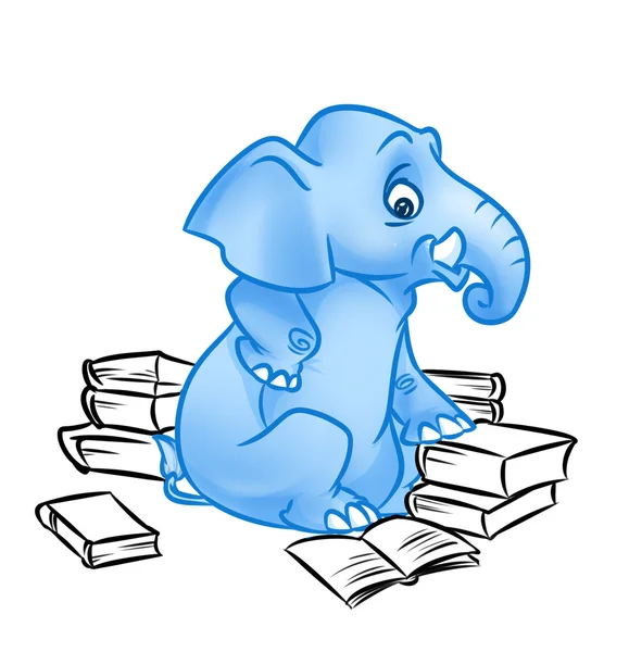 Blue Elephant many books cartoon — Stock Photo, Image