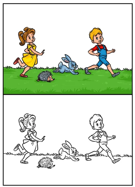 Дитяча дівчинка хлопчик біжить травою тварини — стокове фото