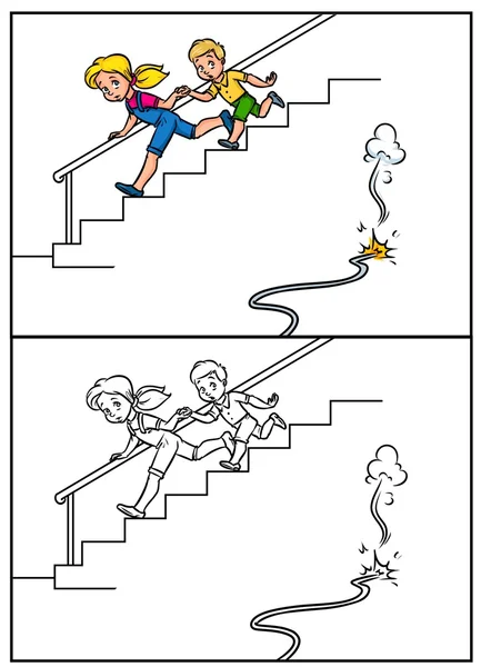Požární bezpečnostní tabulky děti běžely schody nebezpečí — Stock fotografie