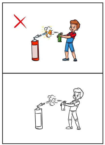 Fire safety tabell pojke faran hänger sig gas ballong — Stockfoto