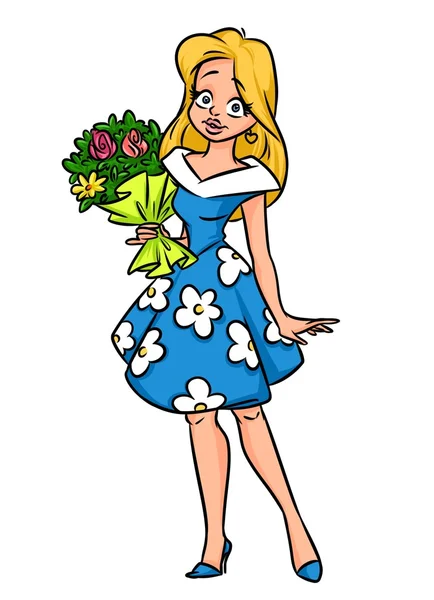 Όμορφο ξανθό κορίτσι φόρεμα μπουκέτο λουλούδια — Φωτογραφία Αρχείου
