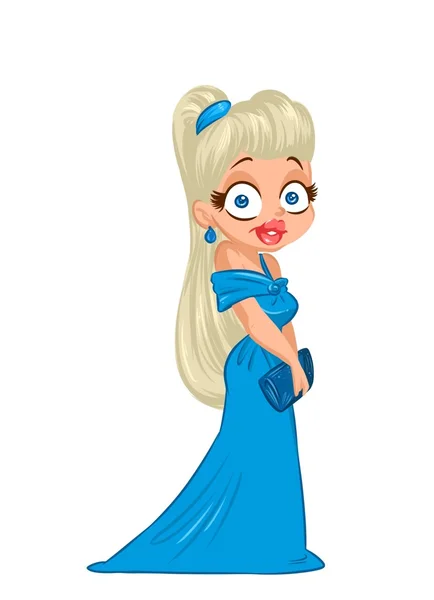 Schöne Mädchen blond blaues Kleid cartoon — Stockfoto