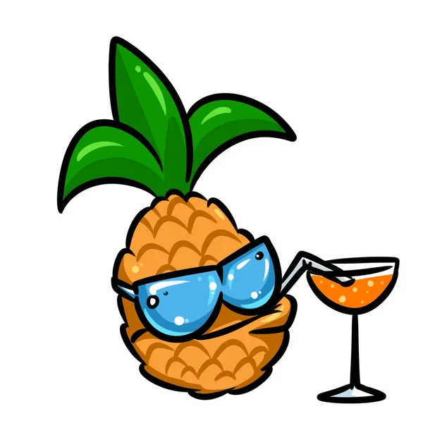 Suco de frutas de abacaxi sorrindo óculos de sol desenhos animados — Fotografia de Stock