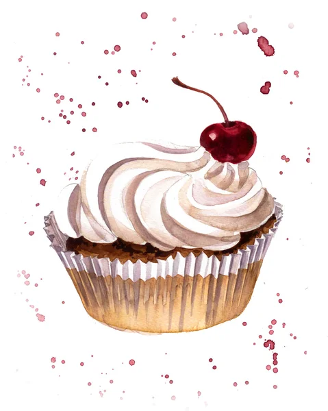 Акварельный иллюстрационный вишневый торт со сливками — стоковое фото