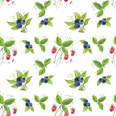 Sulu Boya Dikişsiz desen parlak çilek ve yaban mersini