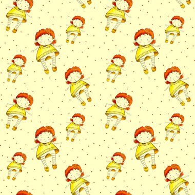 Sarı puantiyeli desen, elbiseli, nokta doku dijital kağıt arka plan bir kız kalem kroki