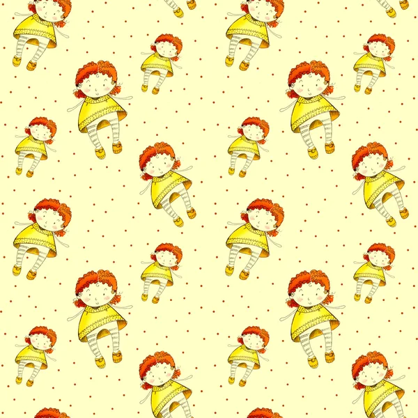 Amarelo Polka Dot Pattern, esboço a lápis de uma menina em um vestido, Pontos Textura Papel Digital Fundo — Fotografia de Stock