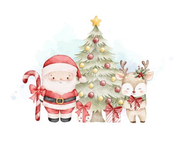 Noel ağacı ve ren geyiğiyle suluboya resimli Noel Baba