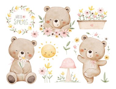 Bahar mevsiminde Ayı ve Çiçeklerin Suluboya Çizimleri