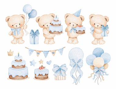 Şirin Bebek Ayıları ve Parti Elementlerinin Suluboya Çizimi