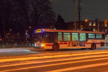 Toronto, ON, Kanada - 18 Ocak 2025: Farları açık bir toplu taşıma otobüsü gece karlı bir yolda ilerliyor.