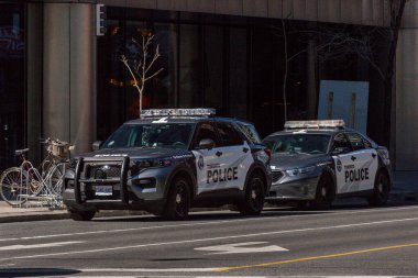Toronto, ON, Kanada - 24 Ekim 2025 Gri Toronto Polis arabası bir şehir sokağının kenarında park halinde..