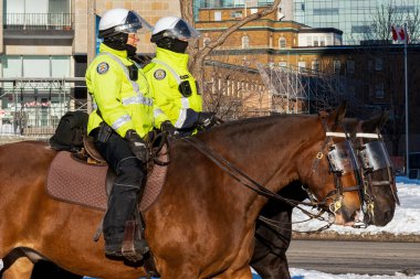 Toronto, ON, Kanada - 24 Ekim 2025: Yüksek görüşlü ceketli iki polis memuru bir şehir caddesinde ata biniyor.