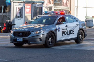 Toronto, ON, Kanada - 24 Ekim 2025: Işıkları açık bir Toronto Polis arabası şehir caddesinde ilerliyor.