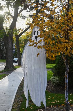 TORONTO, CANADA 29 EKİM 2025: Cadılar Bayramı süsleri tatil öncesi bir eve asıldı