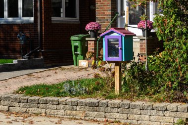 Toronto, ON, Kanada - 24 Ekim 2025: Güneşli, yeşil bir banliyö bahçesinde kitaplarla dolu küçük, monte edilmiş bir 