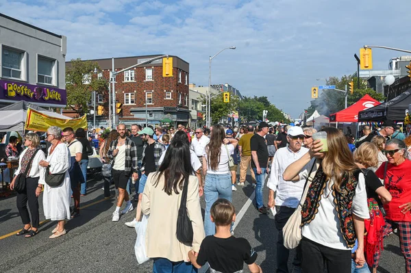 Toronto, ON, Kanada - 13 Eylül 2025: Canlı bir sokak festivaline katılan kalabalık, kentsel bir ortamda yemek tezgahları ve kültürel performanslarla
