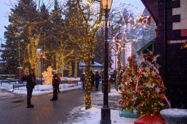 Toronto, ON, Kanada - 31 Aralık 2025: Ağaçlarla kaplı sıcacık sicim ışıkları, süslü Noel ağaçları ve Kış Festivali 'nin tadını çıkaran insanlar