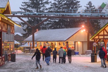 Toronto, ON, Kanada - 31 Aralık 2025: Kış Festivali sırasında karlı bir açık hava parkında yürüyen ziyaretçiler, tatil eğlencesi ve festival ışıkları yaşıyorlar