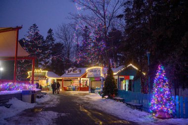 Toronto, ON, Kanada - 31 Aralık 2025: Konuklar renkli Noel ışıkları ve karla süslenmiş eğlence parkında keyifli bir akşam yürüyüşü yapıyorlar