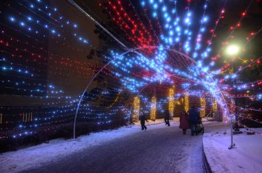 Toronto, ON, Kanada - 31 Aralık 2025 Kış Harikalar Diyarı ziyaretçileri, karla kaplı bir patika boyunca göz kamaştırıcı ışıkların altında yürüyorlar.