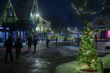 Toronto, ON, Kanada - 31 Aralık 2025: İnsanlar kış festivali boyunca Kanada 'nın Harikalar Diyarı' nın temalı sokaklarını dolduran bayram ışıklarının ve dekorun keyfini çıkarıyorlar