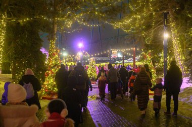 Toronto, ON, Kanada - 31 Aralık 2025: Kanada 'nın Harikalar Diyarı' ndaki Kış Festivali sırasında ışıklandırılmış ağaçlar ve şenlikli süslemelerle dolu bir yolda yürüyen insanlar