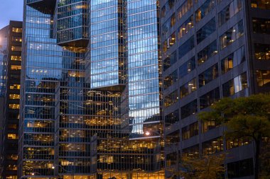 Toronto, ON, Kanada - 11 Kasım 2025: Modern gökdelenler dik duruyor, cam cepheleri alacakaranlık gökyüzünü yansıtıyor.
