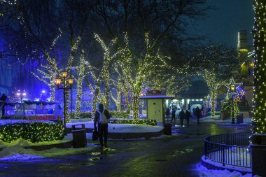 Toronto, ON, Kanada - 31 Aralık 2025: İnsanlar kış festivalinde atmosferin keyfini çıkarırken, yerde kar ve ip ışıklarıyla aydınlatılmış ağaçlar