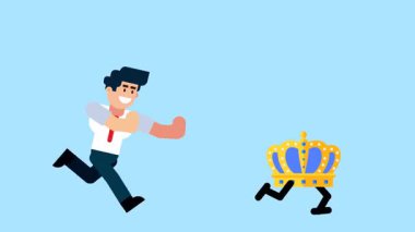 Bir işadamı, mavi arka planda tutku, başarı, liderlik ve başarıyı sembolize eden yürüyen bir tacın peşinden koşar..