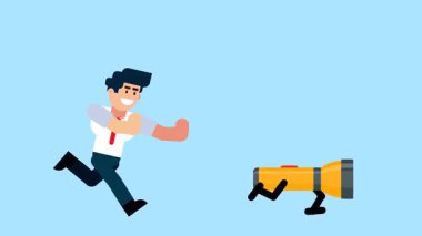 Bir işadamı, mavi arka planda çözümler, rehberlik veya yeni fikirler arayışını sembolize ederek yürüyen bir el fenerinin peşinden koşar..