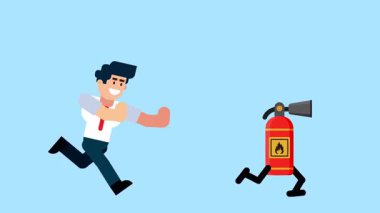 Bir işadamı yürüyen bir yangın söndürücünün peşinden koşar. Kriz yönetimini, acil durum tepkisini ve mavi arka plandaki sorun çözmeyi sembolize eder..