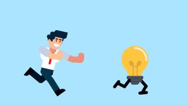 Bir iş adamı, mavi bir arka planda fikirlerin, yaratıcılığın, yeniliğin ya da ilhamın peşinden koşar..