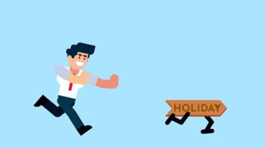 Bir iş adamı, tatil, rahatlama, iş-yaşam dengesi ya da mavi bir arka planda boş zamanı sembolize eden yürüyen bir tatil işaretinin peşinden koşar..