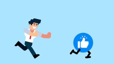 Bir iş adamı, mavi arka planda sosyal medya onayı, popülerlik veya çevrimiçi başarı arayışını sembolize eden yürüyen bir düğmenin peşinden koşar..