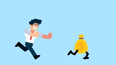 Bir işadamı yürüyen bir para çantasının peşinden koşar. Mavi arka planda zenginlik, finansal başarı ya da iş karını sembolize eder..