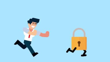 Bir işadamı mavi arka planda güvenlik, koruma ya da mahremiyet arayışını sembolize eden yürüyen bir asma kilidin peşinden koşar..