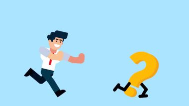 A businessman runs after a walking question mark, symbolizing the pursuit of answers, curiosity, problem-solving, or seeking information, on a blue background.
