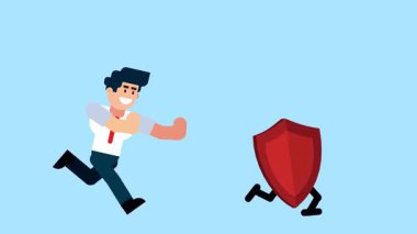 A businessman runs after a walking shield, symbolizing the pursuit of security, protection, safety, or defense, on a blue background.