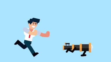 Bir iş adamı yürüyen bir teleskopun peşinden koşar, görüşü sembolize eder, fırsatları, gelecek planlarını veya keşiflerini mavi bir arka planda arar..