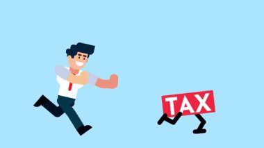 Bir işadamı mavi arka planda vergi takibi, mali sorumluluk veya iş vergilendirmesini sembolize eden yürüyen bir 